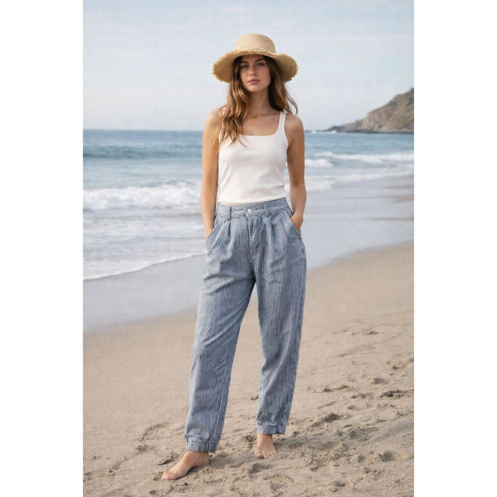 ALEX CRANE Black White Stripe 100% Linen Relax Pants Trousers   Women's Size 34